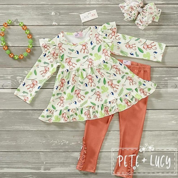PETE + LUCY Cute Monkeys 2 Piece Set Pants Top Size 5 NEW - Picture 1 of 5